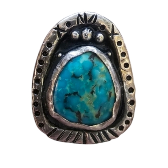 Large Vintage Signed Turquoise Sterling Native American Statement Ring - Picture 1 of 11